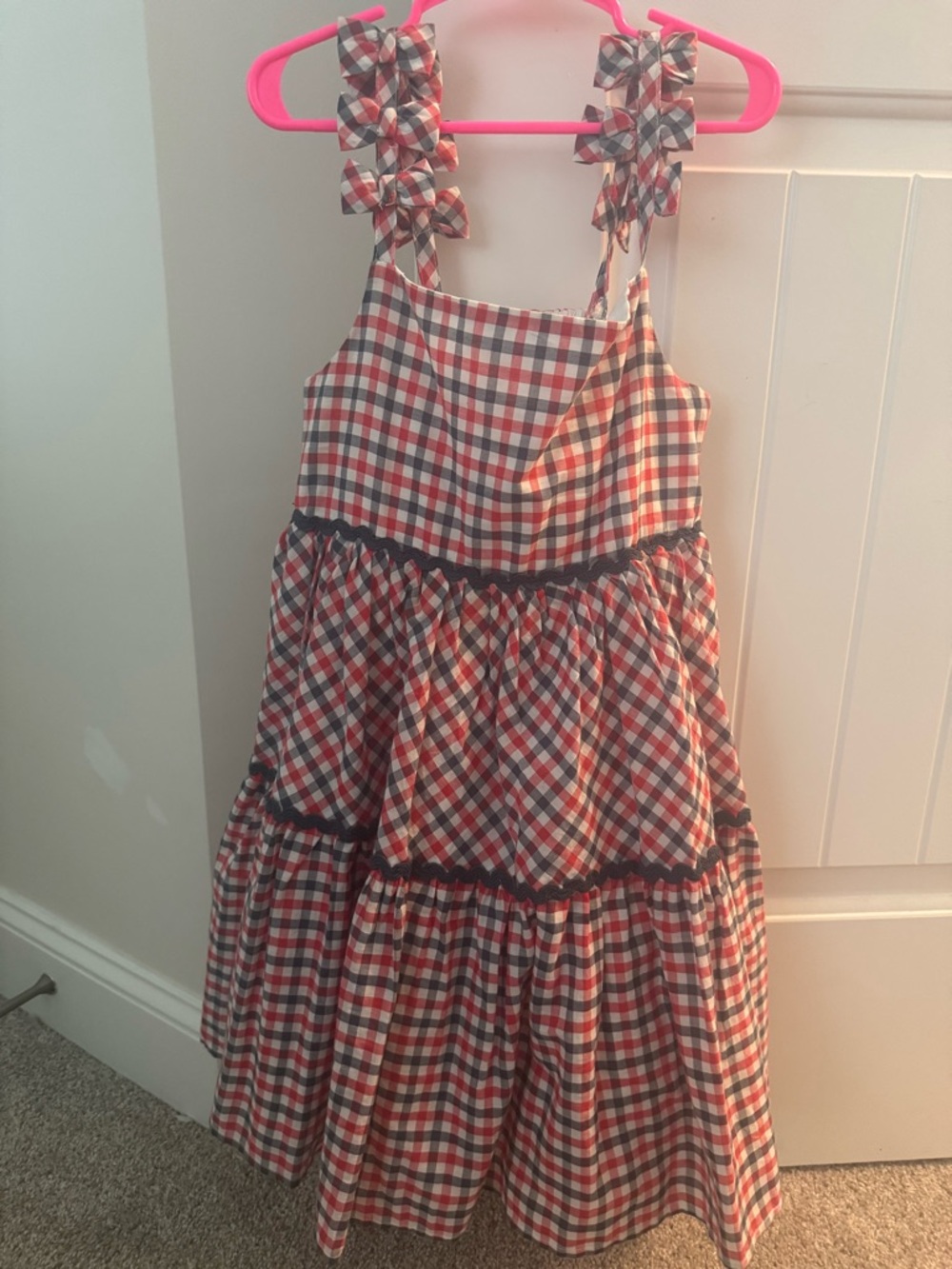 Tommy Bahama Red and White Plaid Tiered Sundress with Bow Straps